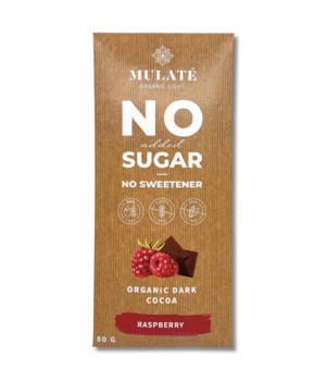 MULATE ORGANIC LIGHT EKOLOGIŠKA JUODOJI KAKAVOS PLYTELĖ SU AVIETĖMIS IR KAKAVOS GABALIUKAIS. BE PRIDĖTINIO CUKRAUS. BE SALDIKLIŲ, 80 G