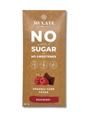 MULATE ORGANIC LIGHT EKOLOGIŠKA JUODOJI KAKAVOS PLYTELĖ SU AVIETĖMIS IR KAKAVOS GABALIUKAIS. BE PRIDĖTINIO CUKRAUS. BE SALDIKLIŲ, 80 G