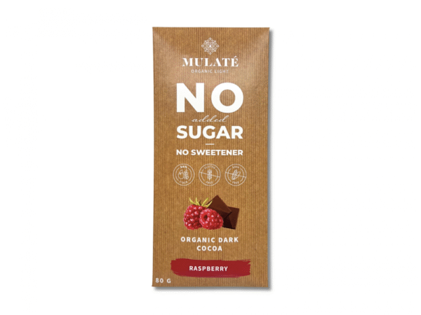 MULATE ORGANIC LIGHT EKOLOGIŠKA JUODOJI KAKAVOS PLYTELĖ SU AVIETĖMIS IR KAKAVOS GABALIUKAIS. BE PRIDĖTINIO CUKRAUS. BE SALDIKLIŲ, 80 G