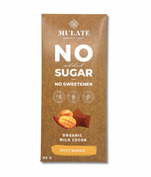 MULATE ORGANIC LIGHT EKOLOGIŠKA PIENINĖ KAKAVOS PLYTELĖ, MANGO IR KAJENO PIPIRAIS. BE PRIDĖTINIO CUKRAUS. BE SALDIKLIŲ, 80 G