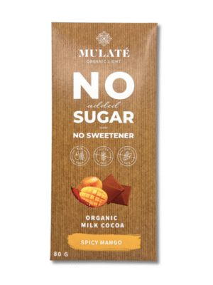 MULATE ORGANIC LIGHT EKOLOGIŠKA PIENINĖ KAKAVOS PLYTELĖ, MANGO IR KAJENO PIPIRAIS. BE PRIDĖTINIO CUKRAUS. BE SALDIKLIŲ, 80 G