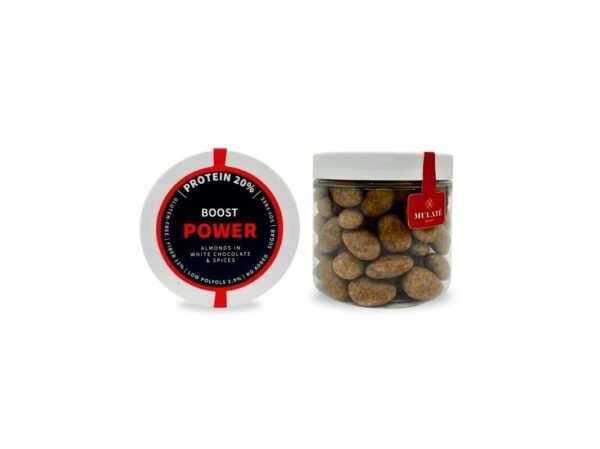 MULATE POWER BOOST Skrudinti migdolai baltajame šokolade praturtintame baltymais, su prieskoniais,120 g