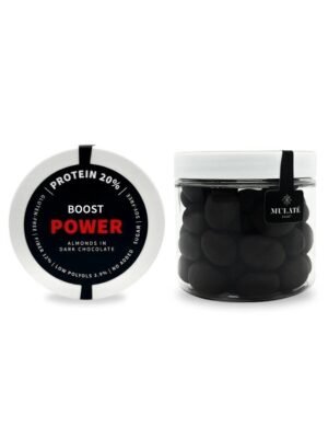 MULATE POWER BOOST Skrudinti migdolai juodajame šokolade, praturtintame baltymais, 120 g