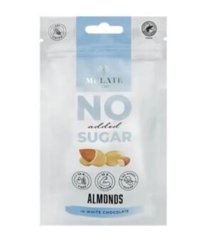 MULATE LIGHT skrudinti migdolai baltame šokolade be pridėtinio cukraus su saldikliais, 90 g