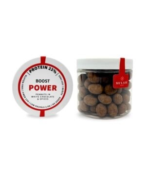 MULATE POWER BOOST Skrudinti žemės riešutai baltajame šokolade su prieskoniais, praturtintame baltymais, 120 g