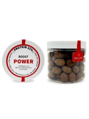 MULATE POWER BOOST Skrudinti žemės riešutai baltajame šokolade su prieskoniais, praturtintame baltymais, 120 g