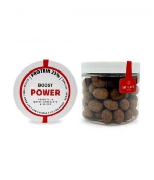 MULATE POWER BOOST Skrudinti žemės riešutai baltajame šokolade su prieskoniais, praturtintame baltymais, 120 g